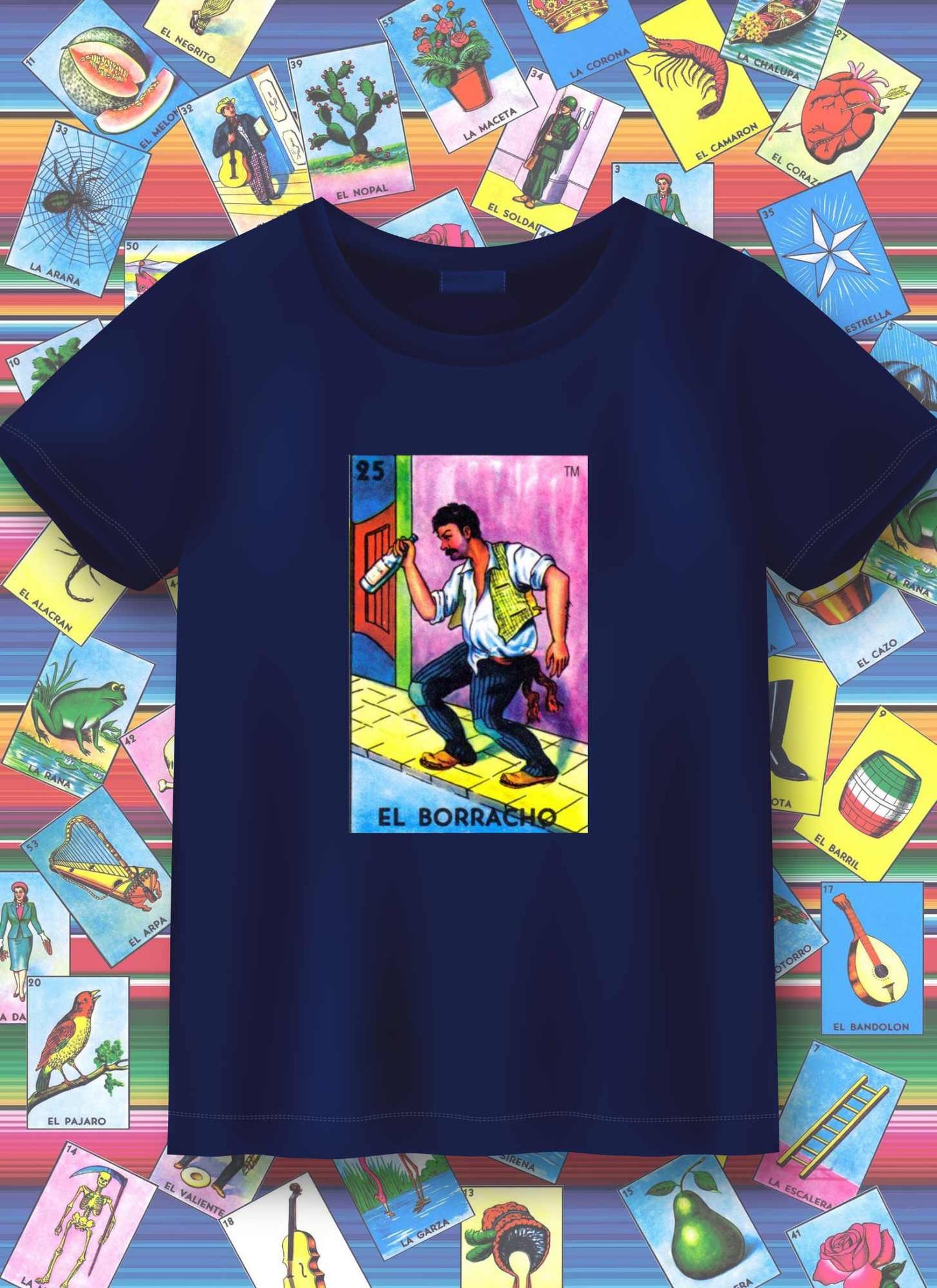 Navy blue t-shirt with 'El Borracho' graphic on a colorful tarot card background