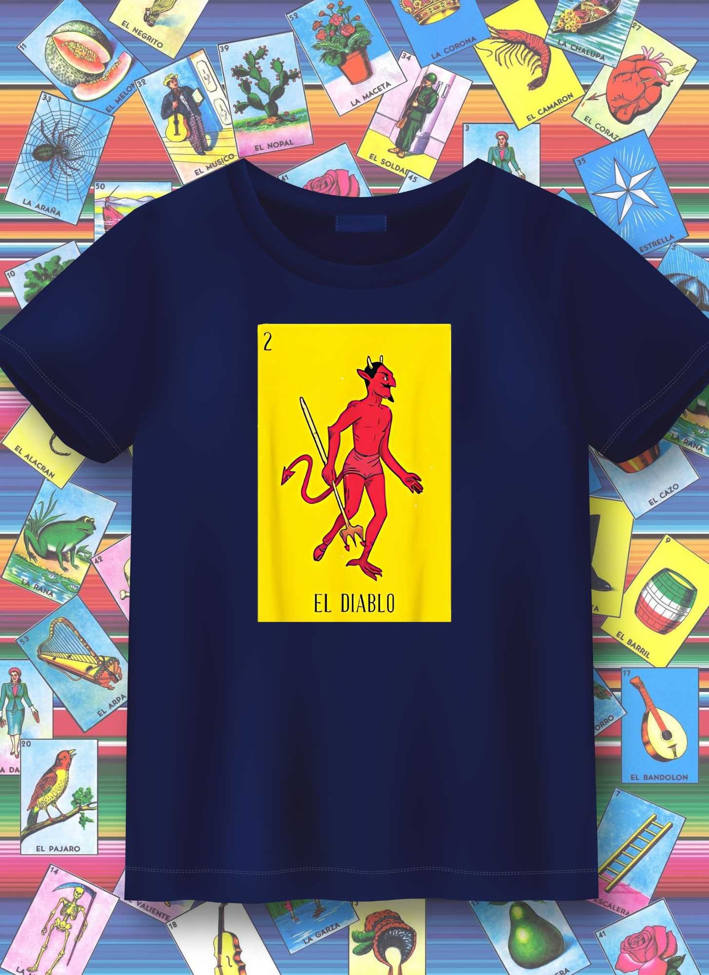 Navy blue t-shirt with 'El Diablo' design on a colorful background of tarot cards.