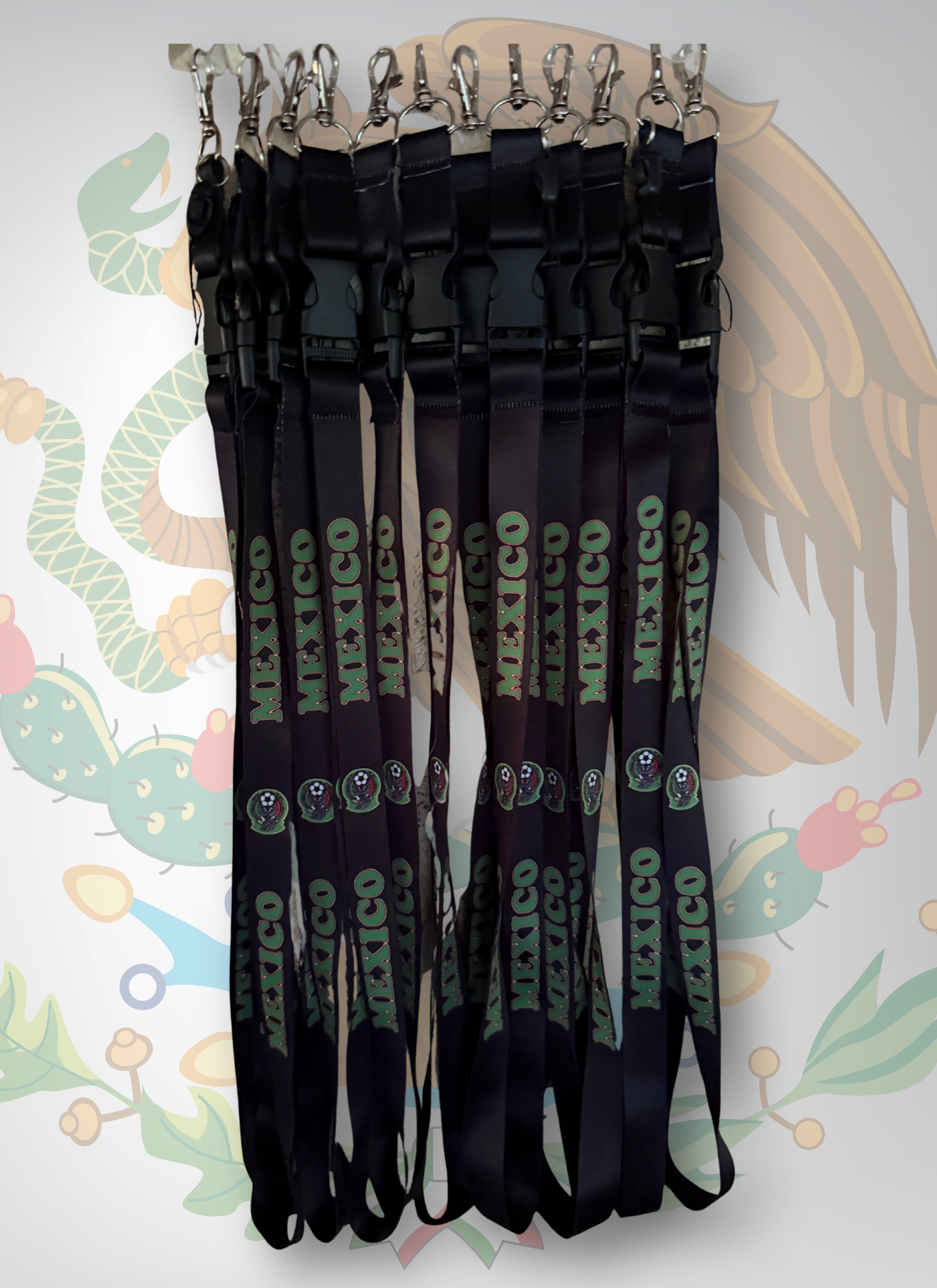 Black lanyards with 'Mexico' text on a colorful abstract background