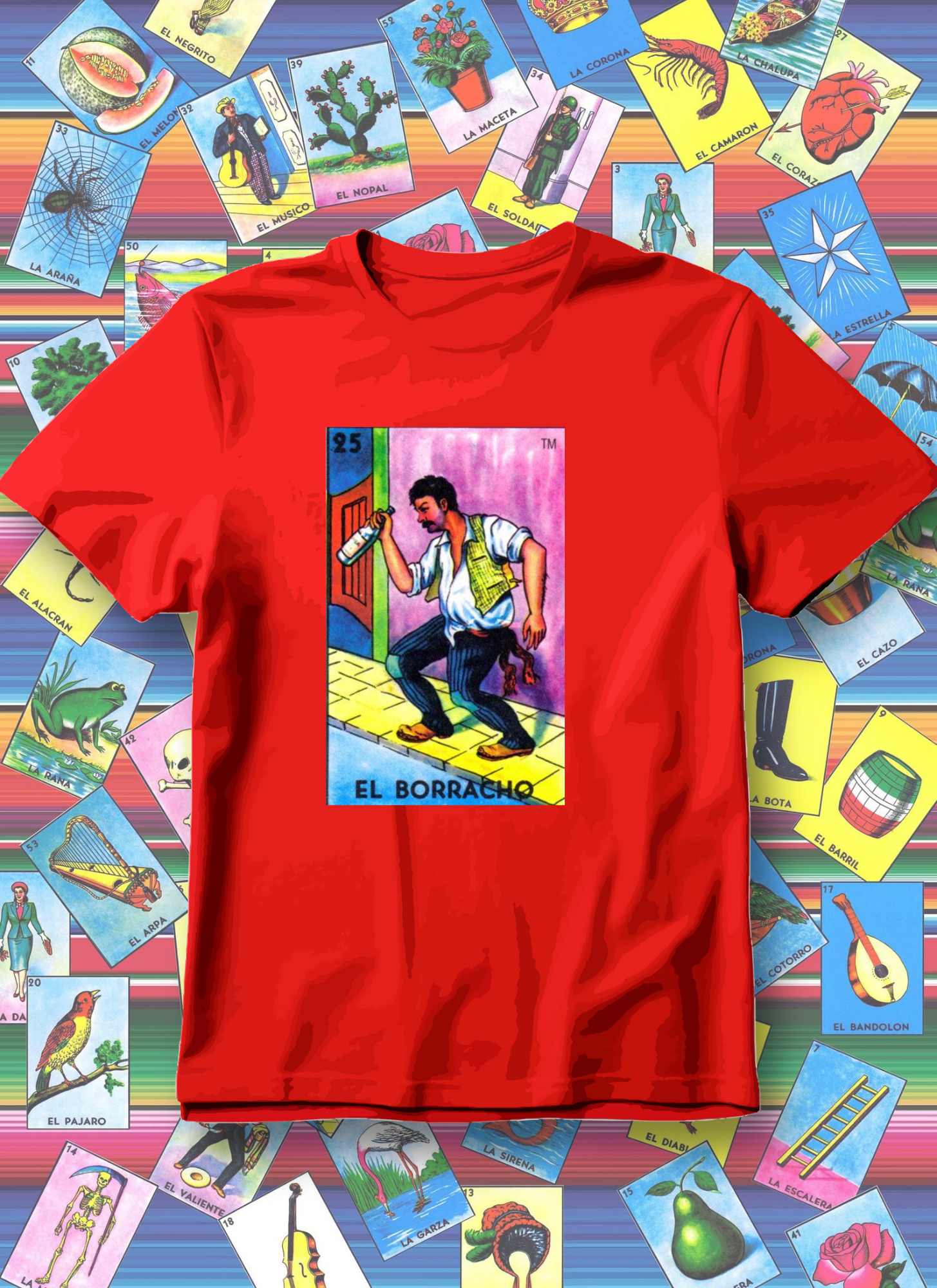 Red t-shirt with 'El Borracho' graphic on a colorful tarot card background
