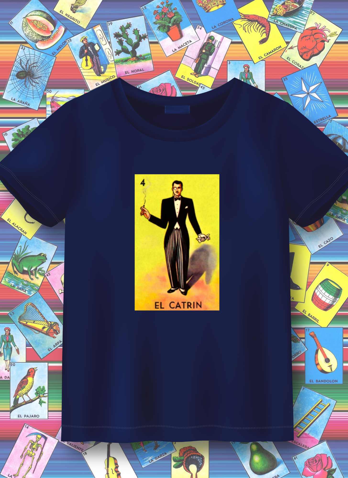 Navy blue t-shirt with 'El Catrin' design on a colorful background of tarot cards.
