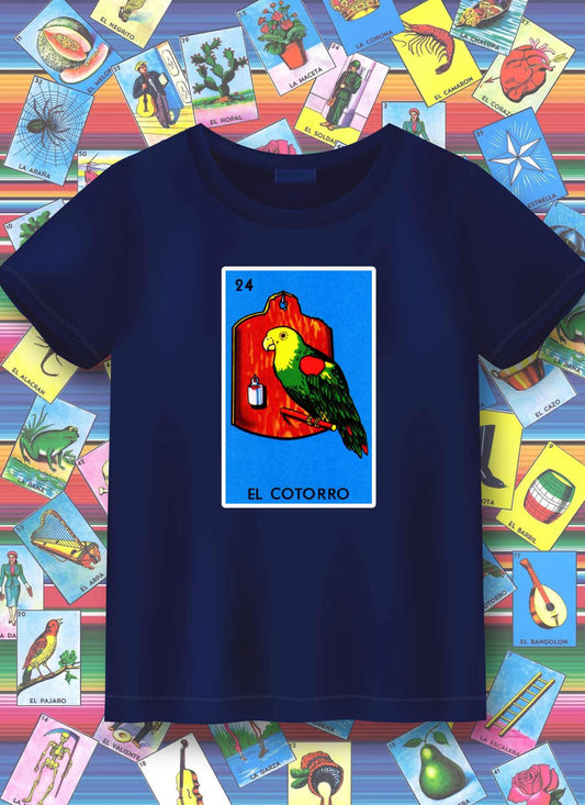 Navy blue t-shirt with 'El Cotorro' design on a colorful background of tarot card illustrations.
