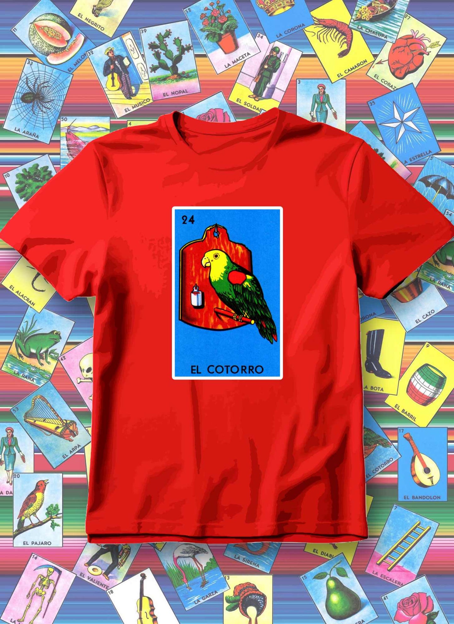 Red t-shirt with a colorful graphic of a parrot on a blue background, surrounded by various lottery tickets.