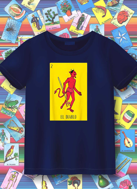 Navy blue t-shirt with 'El Diablo' design on a colorful background of tarot cards.