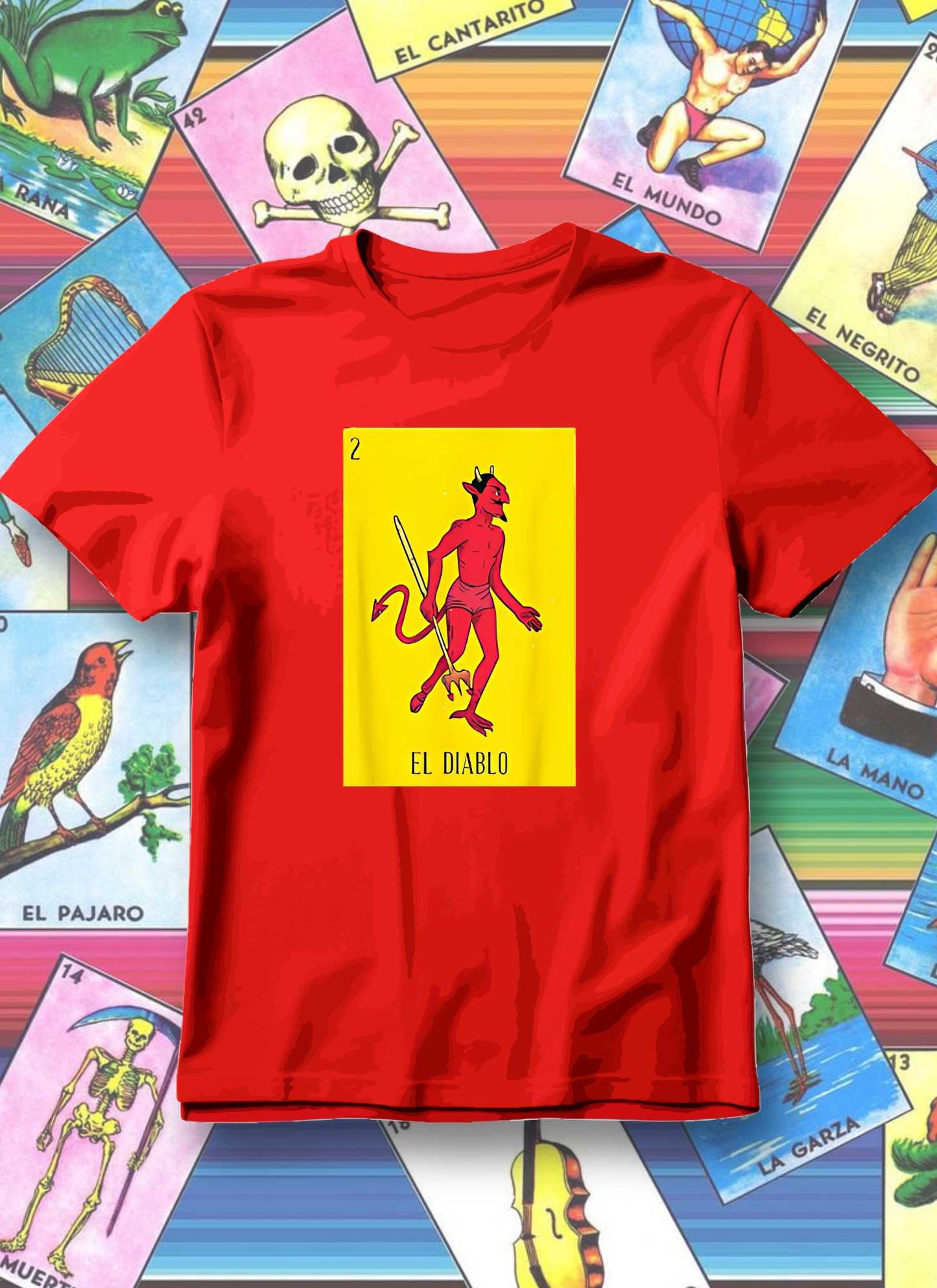 Red t-shirt with 'El Diablo' design on a colorful background of tarot cards