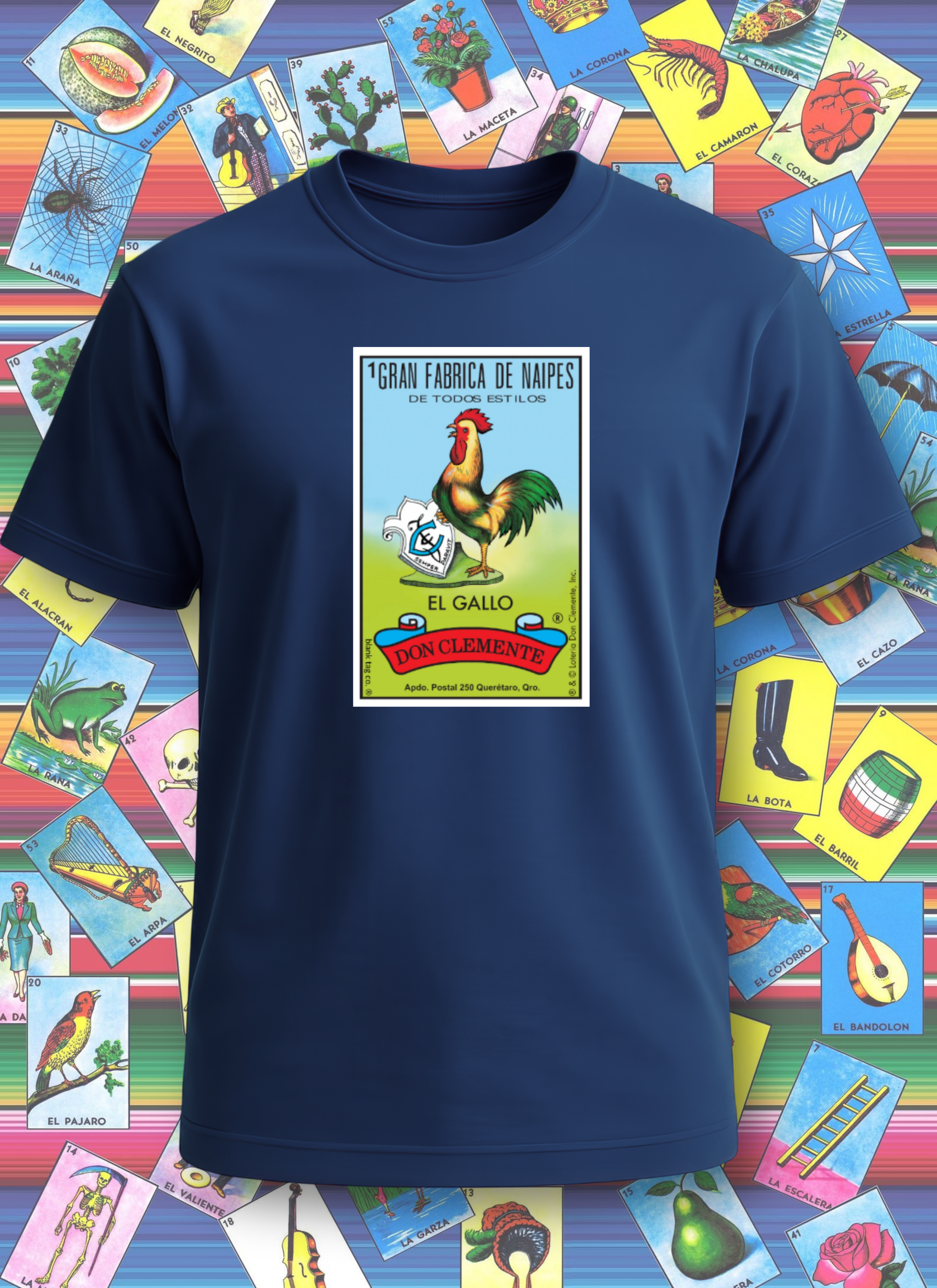 Navy blue t-shirt with a colorful graphic design on a background of vintage lottery tickets.