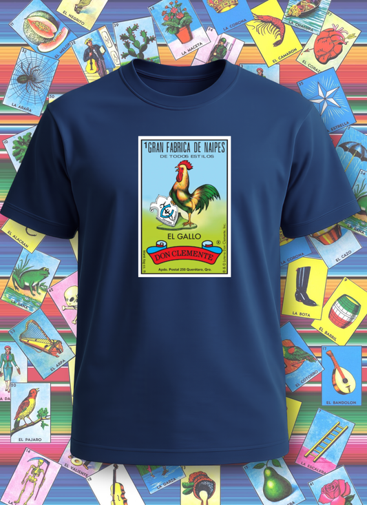 Navy blue t-shirt with a colorful graphic design on a background of vintage lottery tickets.