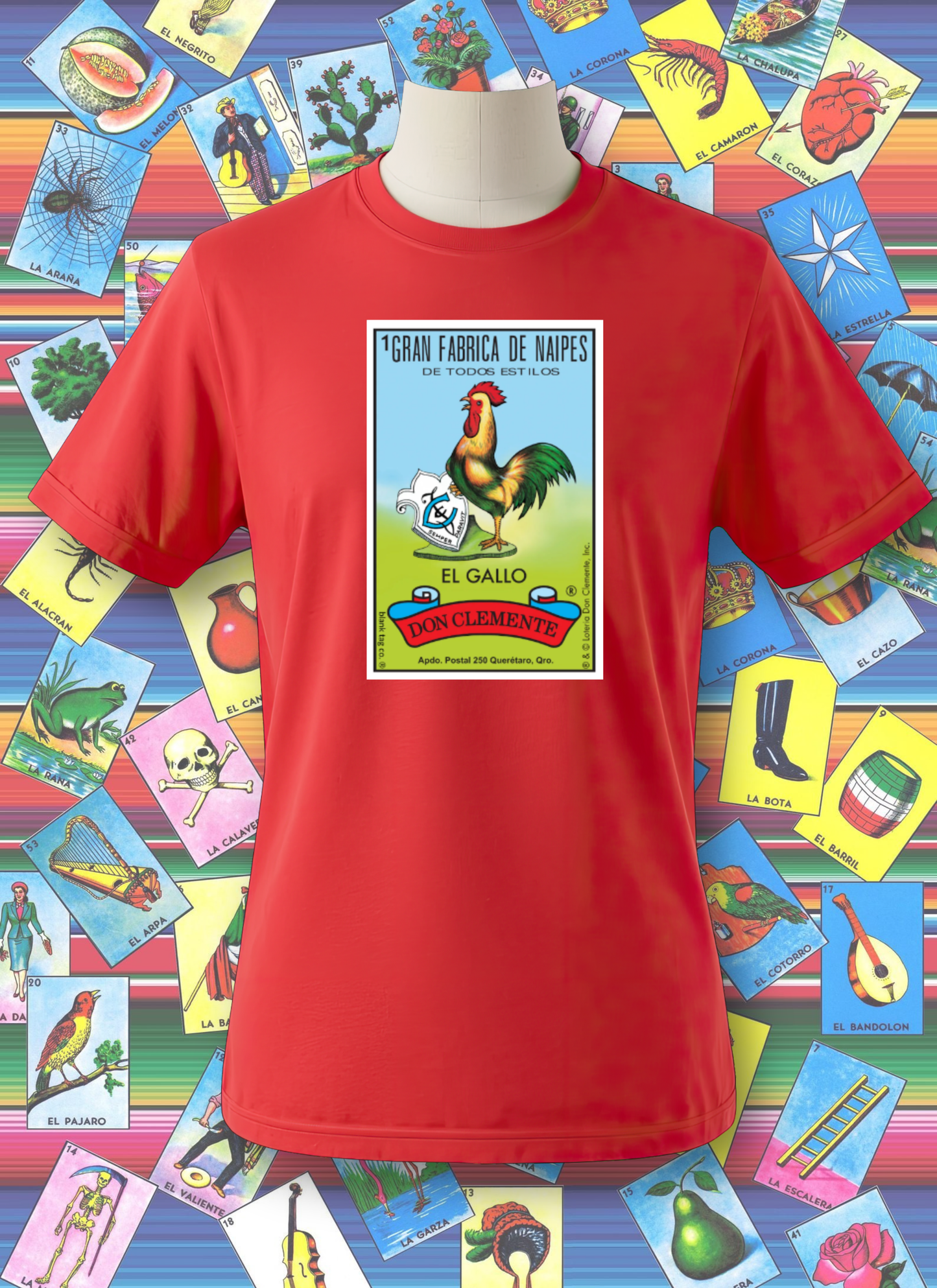 Red t-shirt with a graphic design on a colorful background of vintage loteria cards