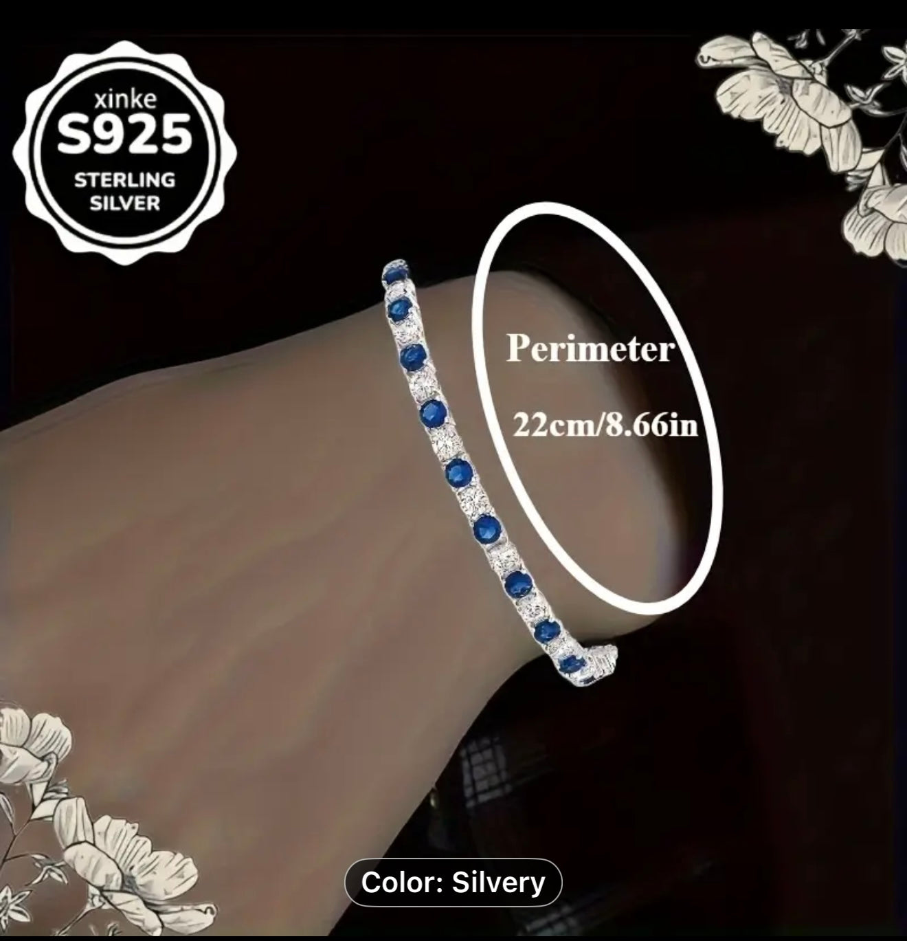 Italian Designed Silver bracelet with blue stones featuring 'xinke S925 Sterling Silver' branding.