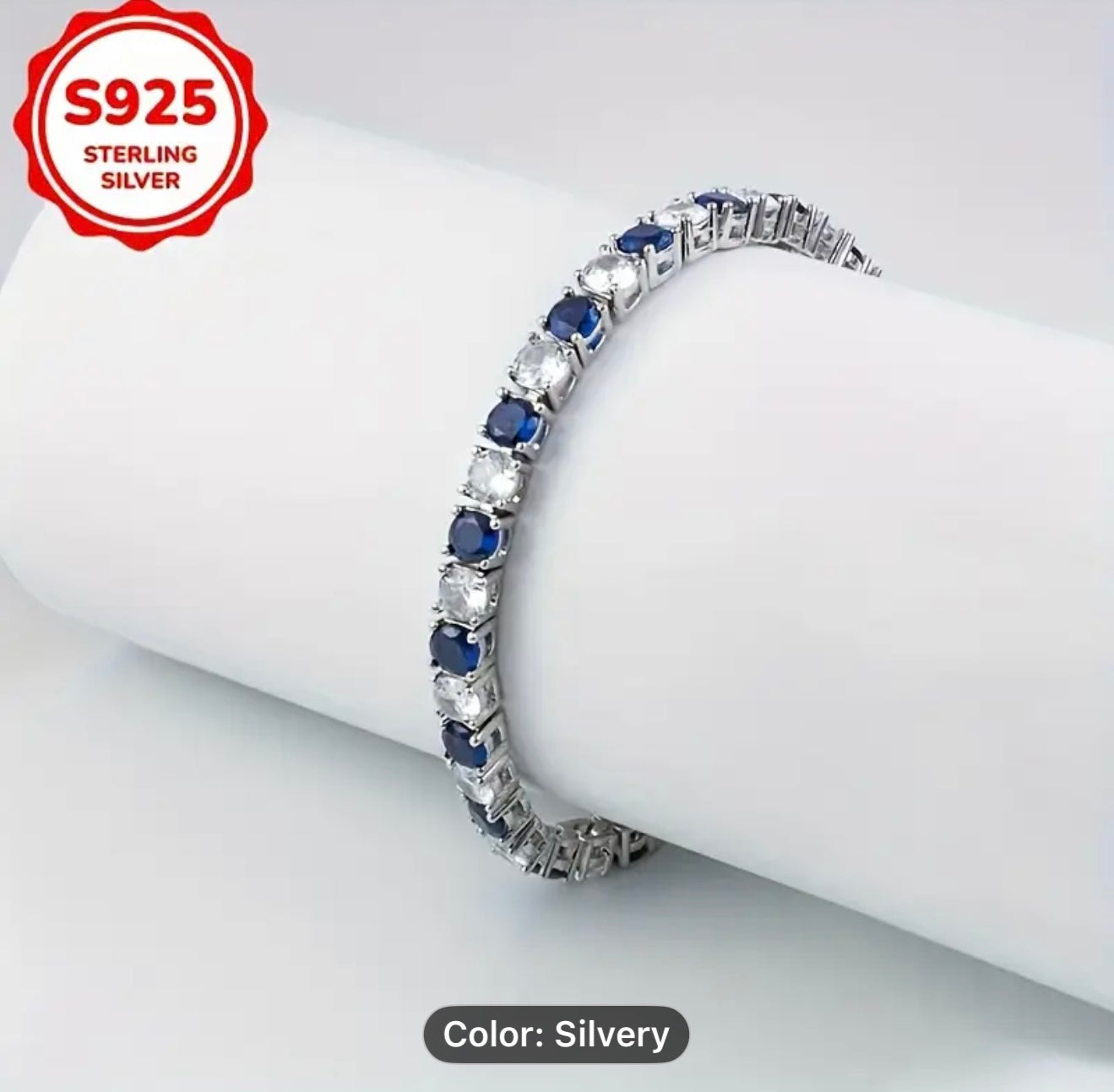 Fine Jewelry - Silver bracelet with blue stones, featuring 'S925 Sterling Silver' label.
