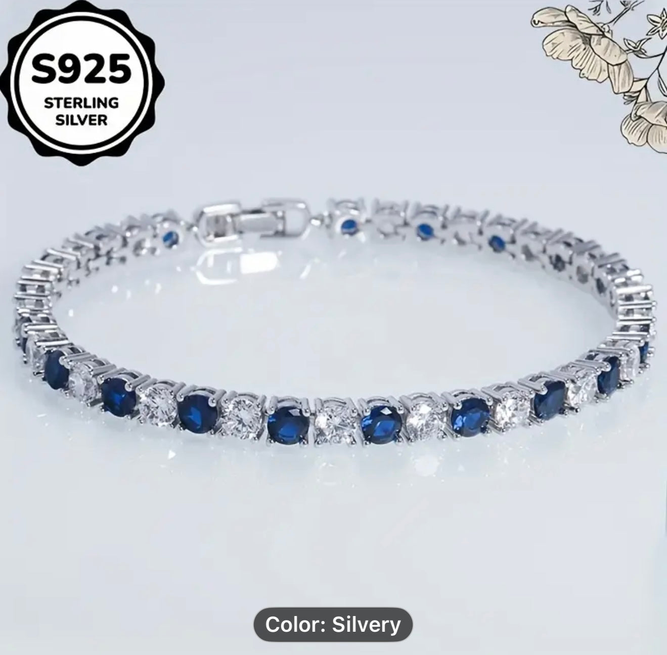 Silver bracelet with blue and white stones  featuring 'S925 Sterling Silver' l