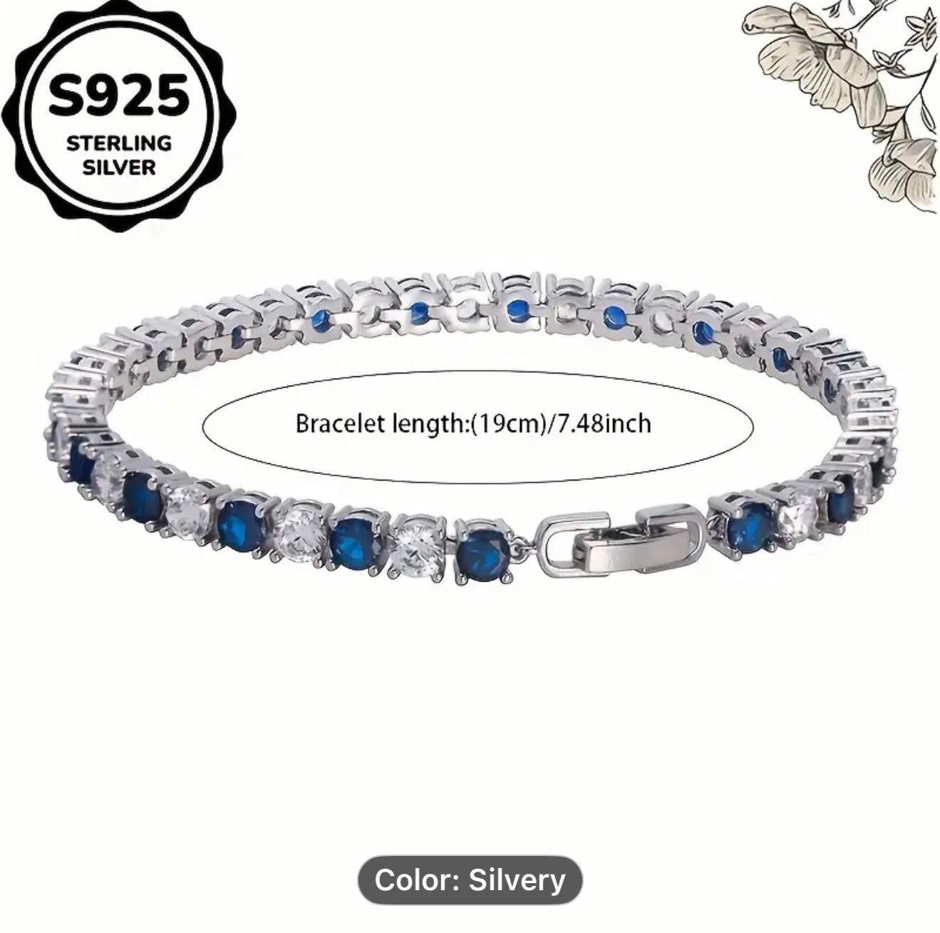 Elegant and Sophisticated Silver bracelet with blue and clear stones, featuring 'S925 Sterling Silver' stamp.