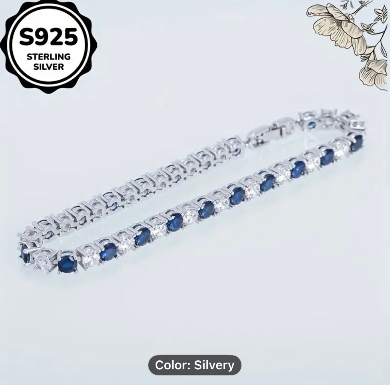 Silver bracelet with blue stones, featuring 'S925 Sterling Silver' 