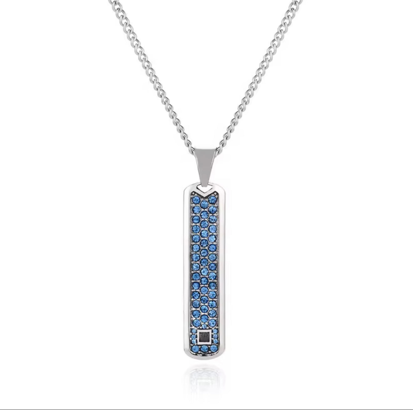 Silver necklace with a blue gemstone pendant.