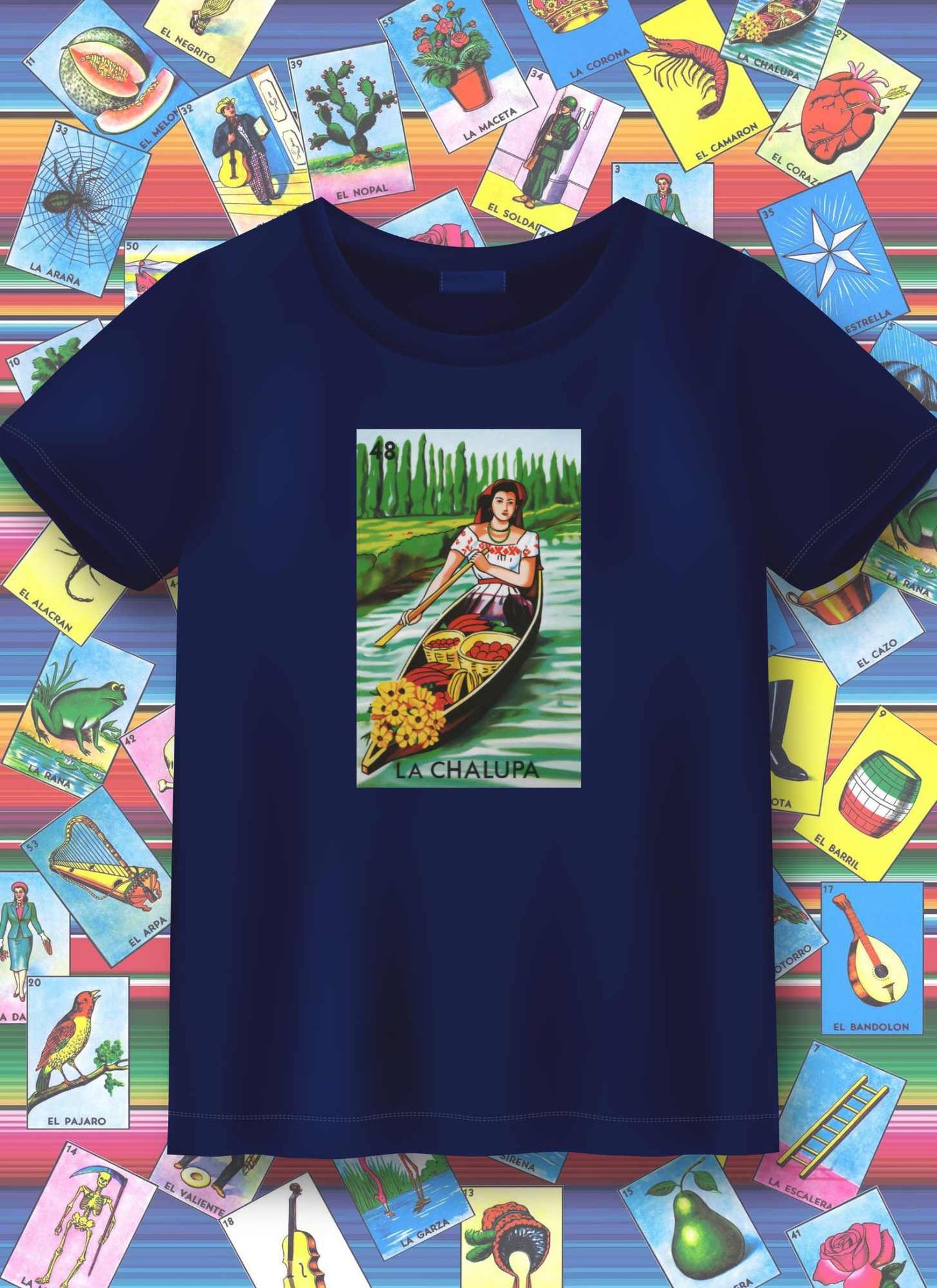 Navy blue t-shirt with a colorful graphic design on a background of vintage tarot cards.