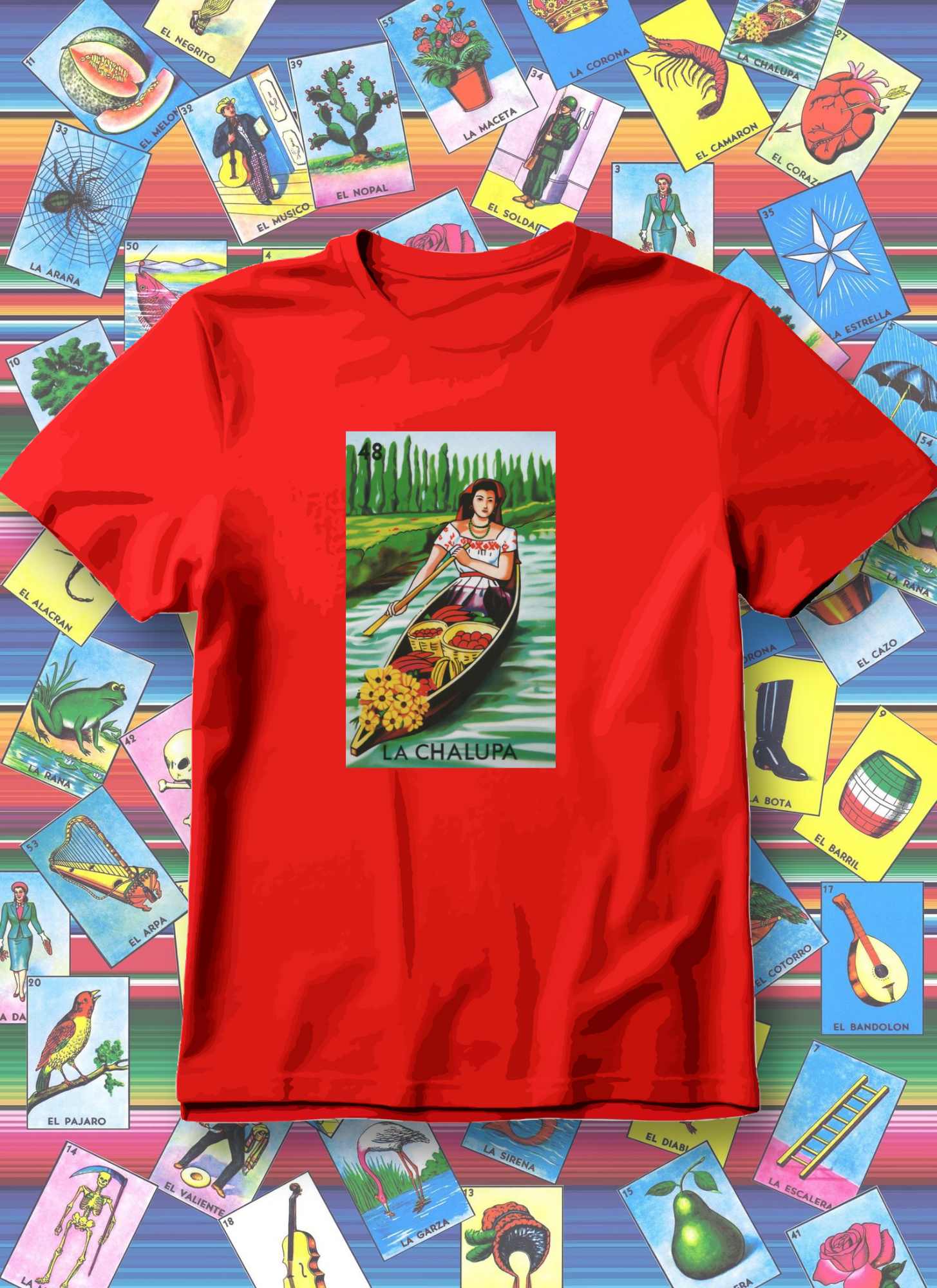 Red t-shirt with a graphic design on a colorful background of tarot cards
