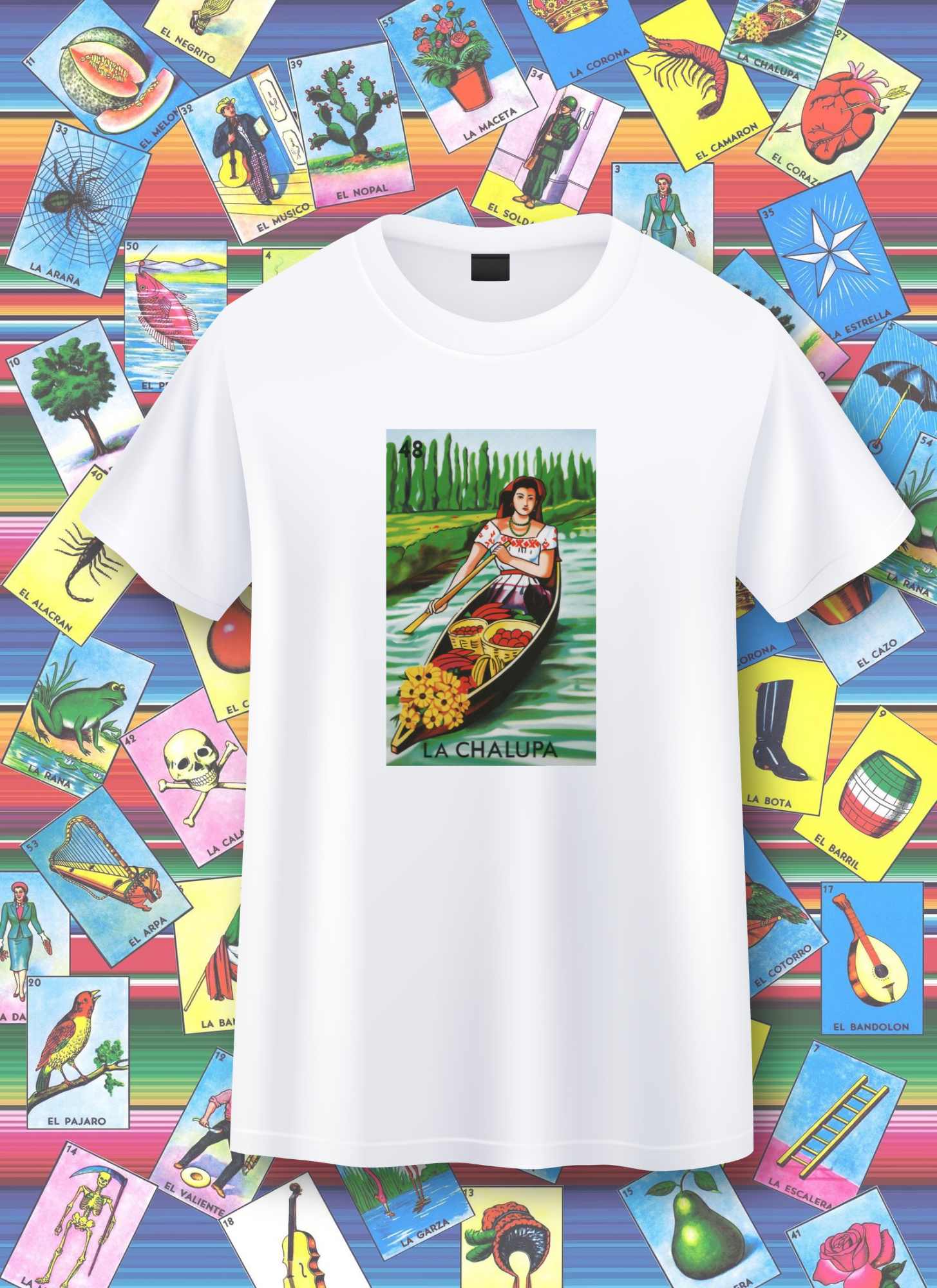 White t-shirt with a graphic design on a colorful background of tarot card illustrations