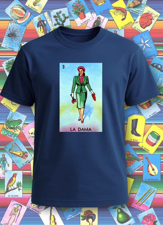 Navy blue t-shirt with 'La Dama' design on a colorful tarot card background