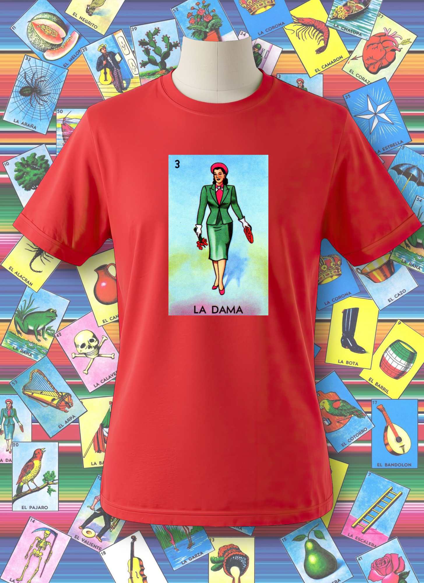 Red t-shirt with 'La Dama' graphic on a colorful tarot card background