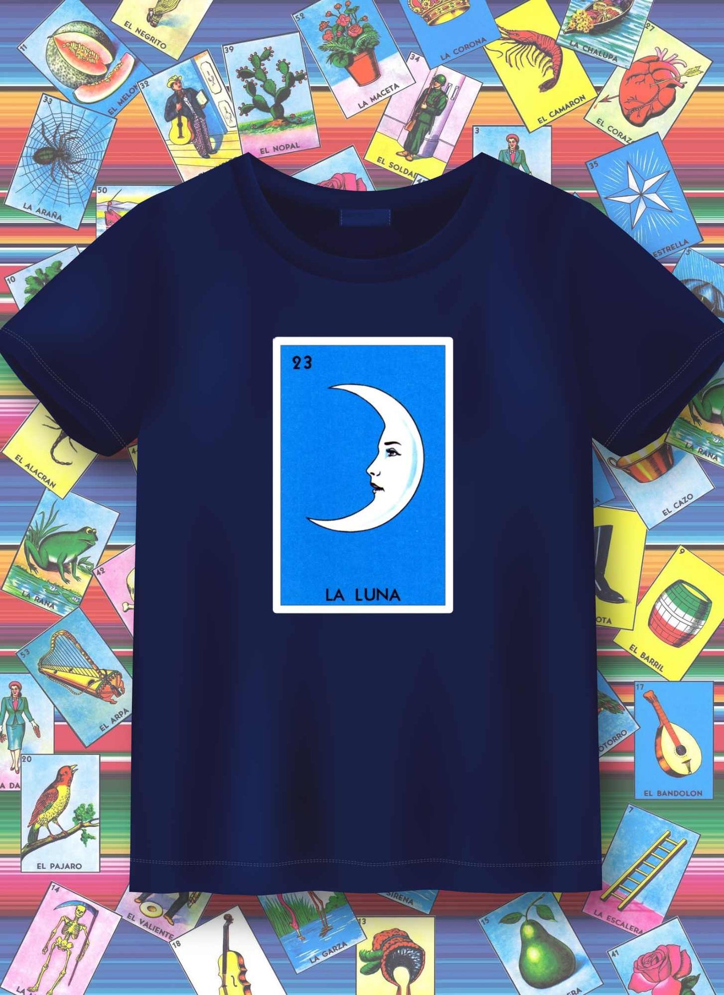 Navy blue t-shirt with 'La Luna' design on a colorful tarot card background
