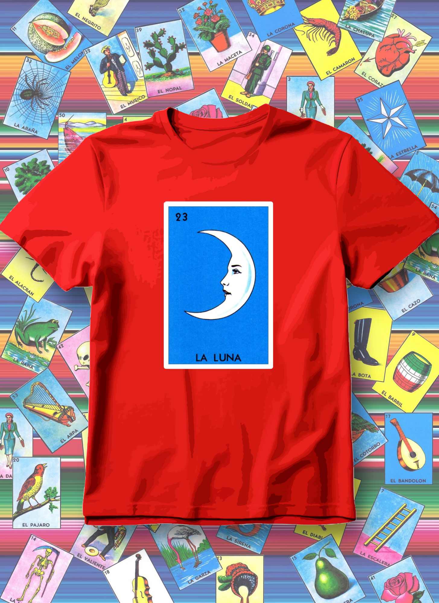 Red t-shirt with 'La Luna' design on a colorful tarot card background