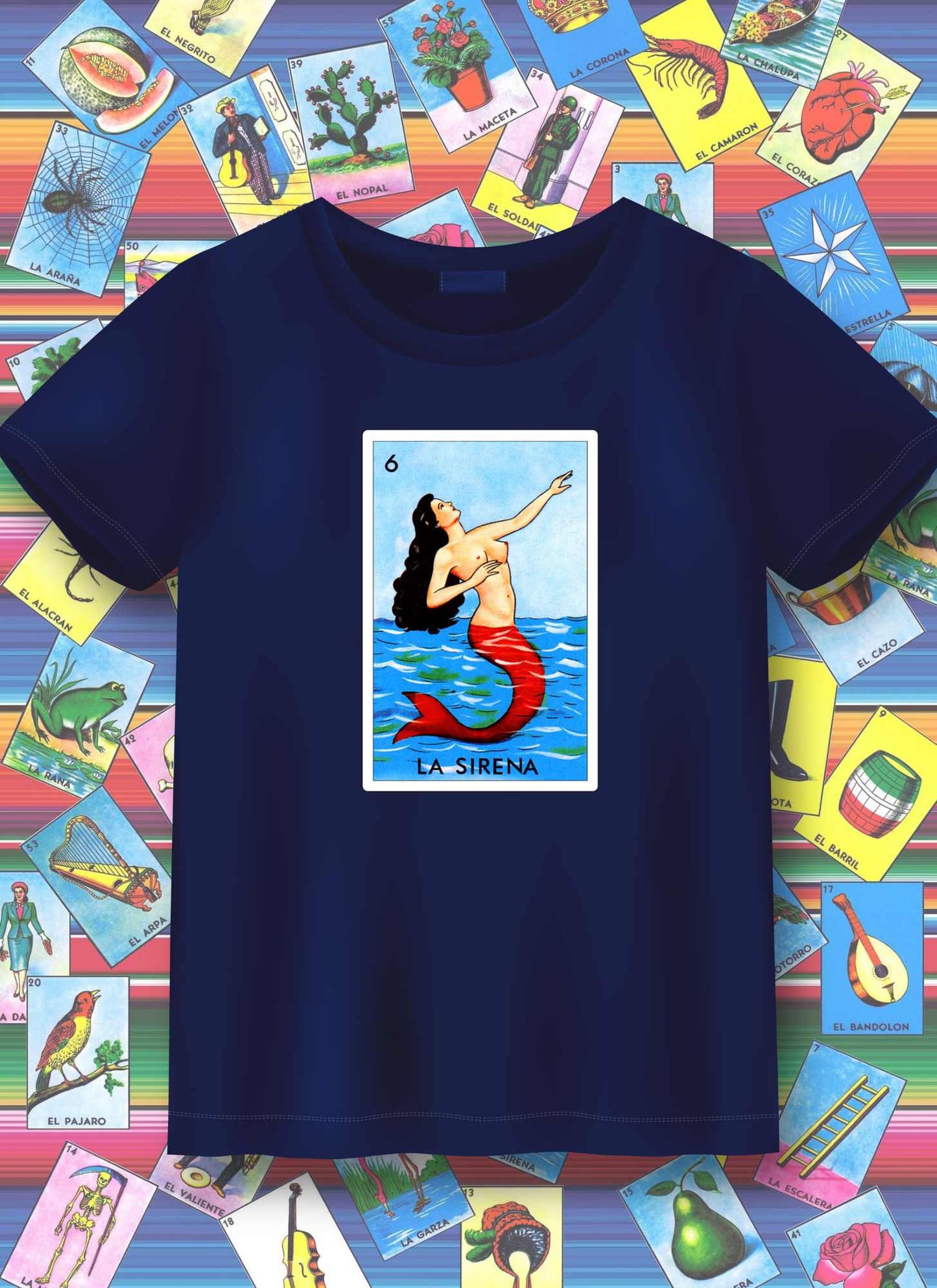 Navy blue t-shirt with a mermaid design on a colorful tarot card background