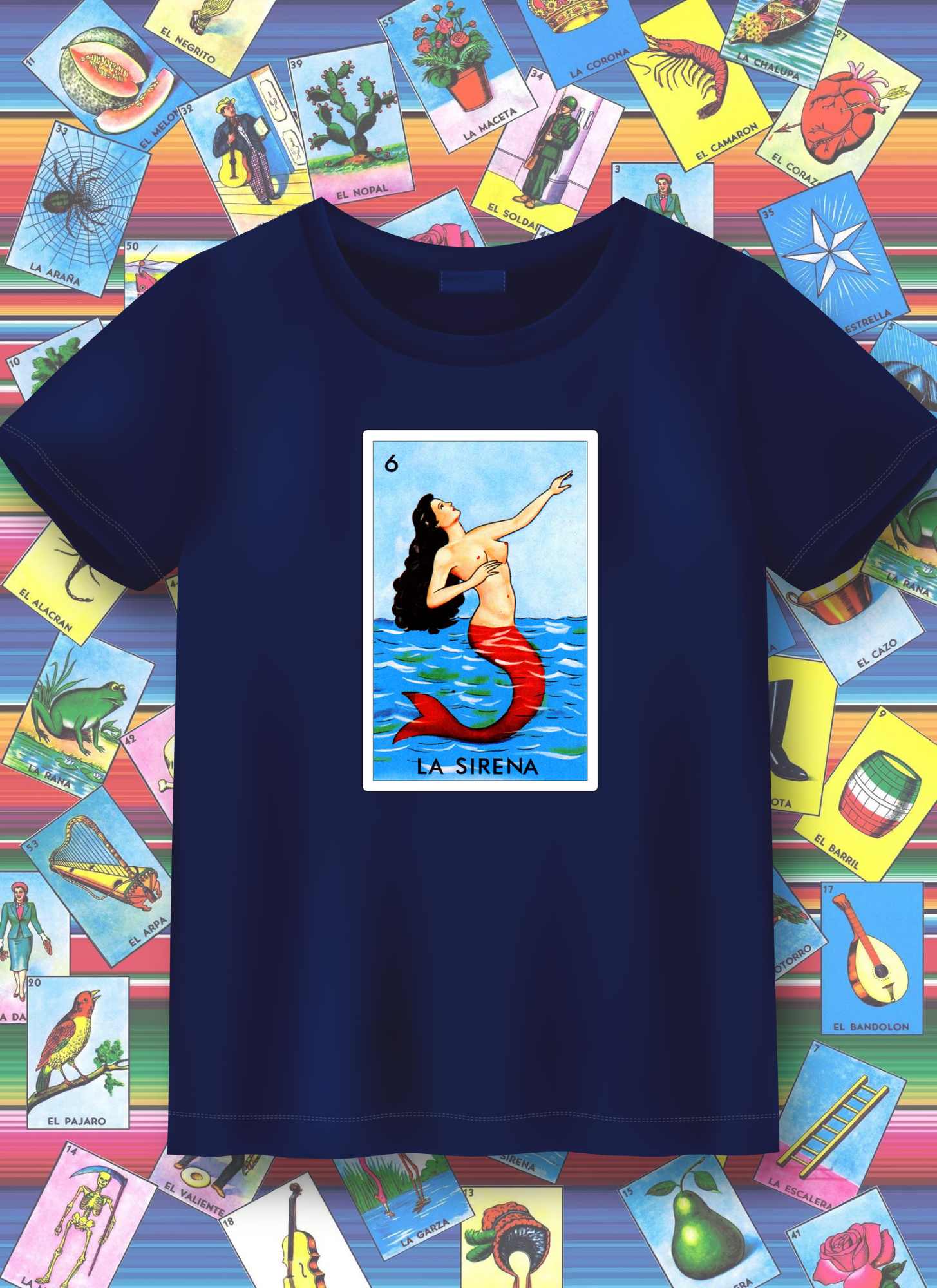 Navy blue t-shirt with a mermaid design on a colorful tarot card background