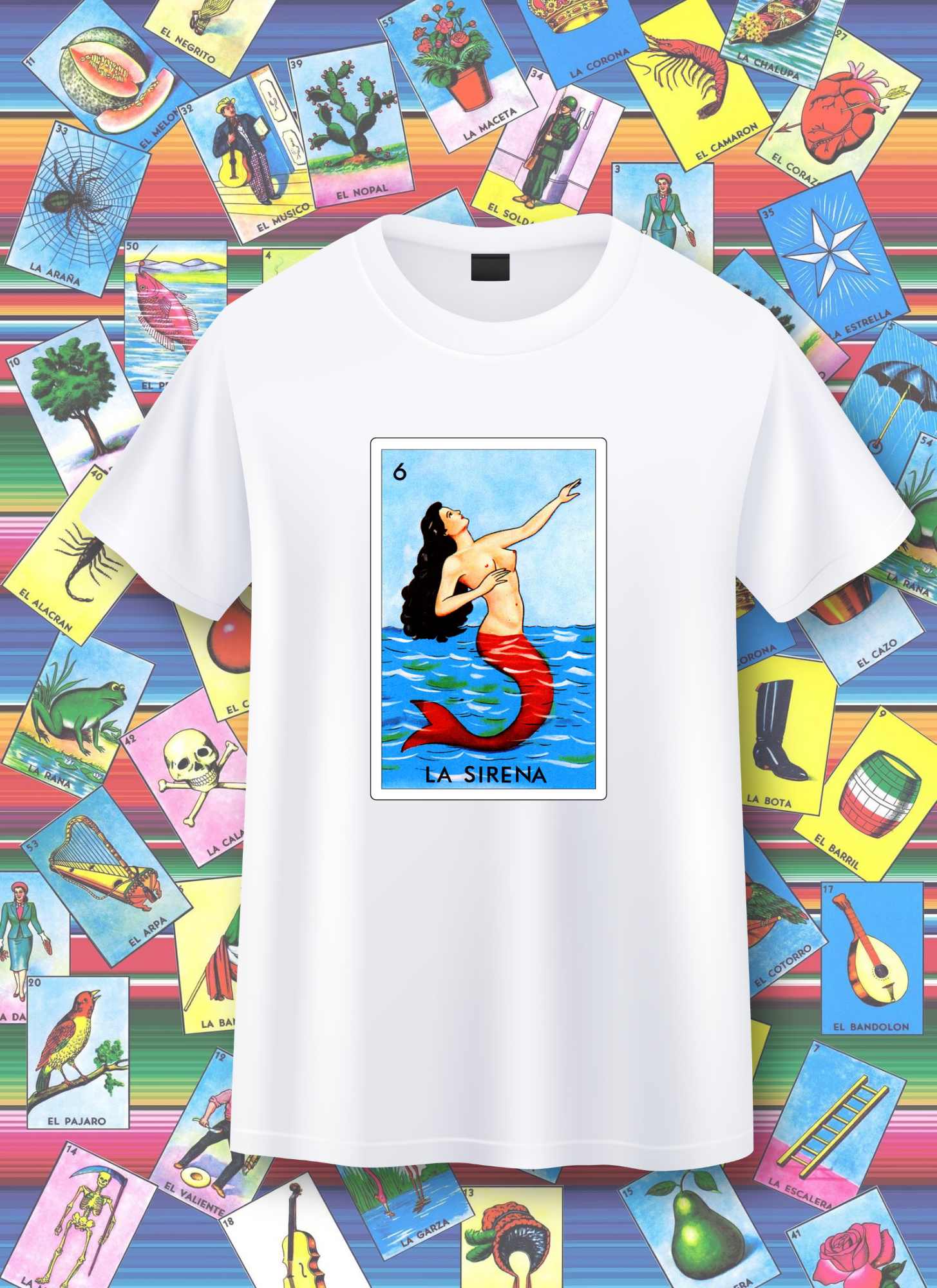 White t-shirt with 'La Sirena' tarot card design on a colorful background of tarot cards.