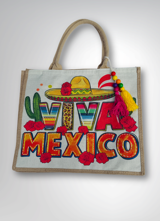 Colorful tote bag with 'Viva Mexico' text and sombrero design on a white background