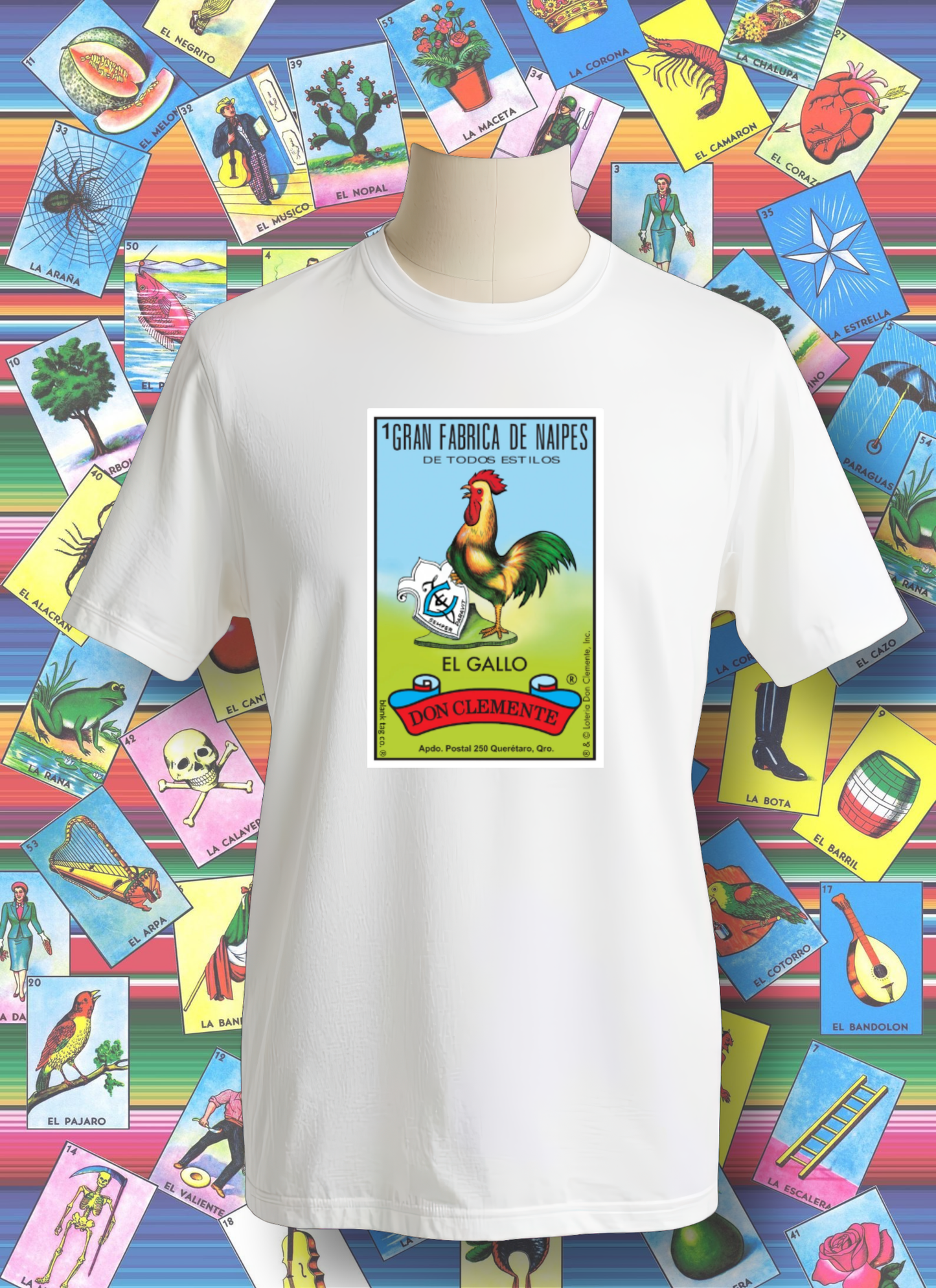 White t-shirt with a rooster design on a colorful background of vintage lottery tickets.