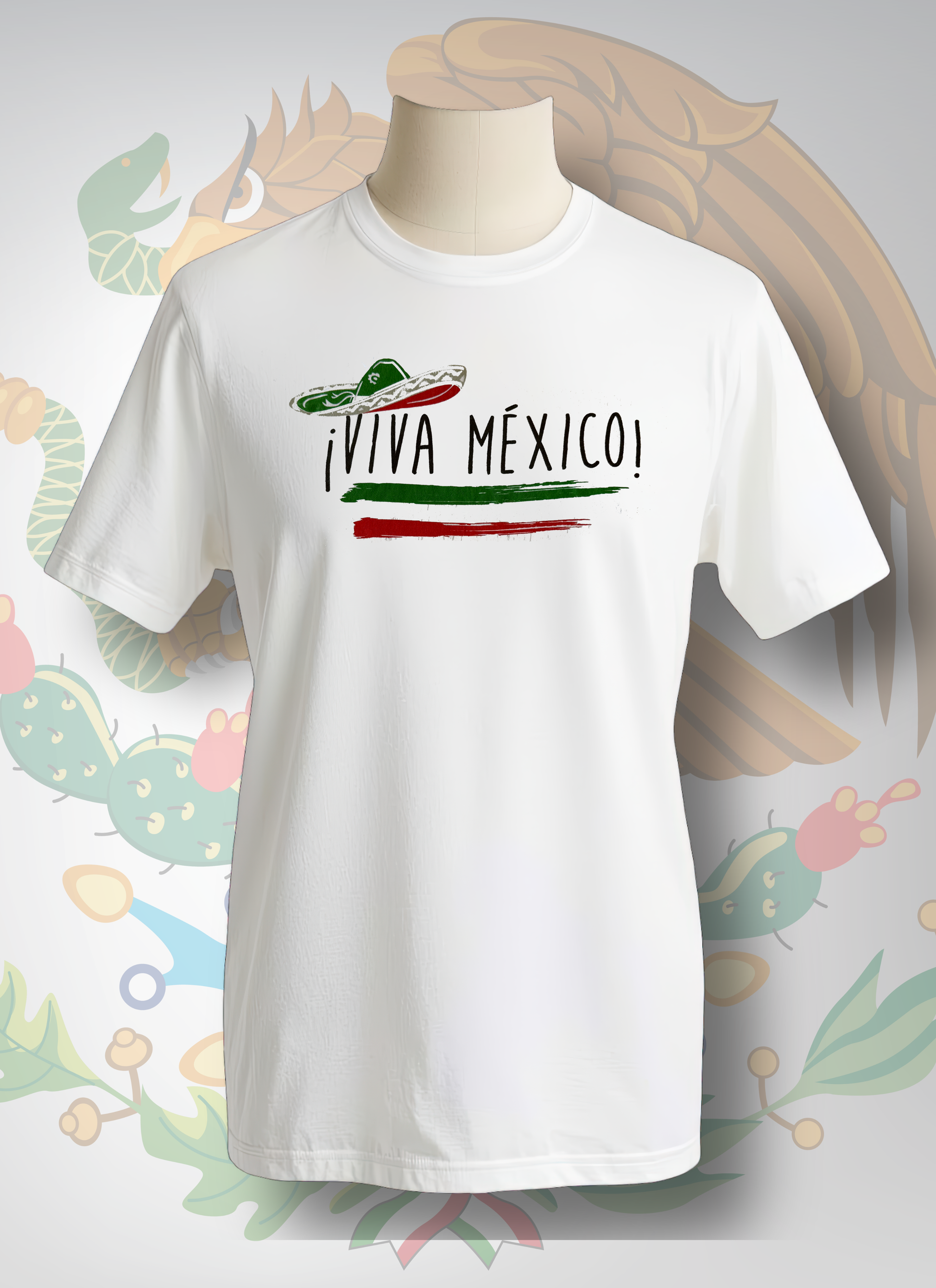White t-shirt with 'Viva Mexico!' design on a decorative background