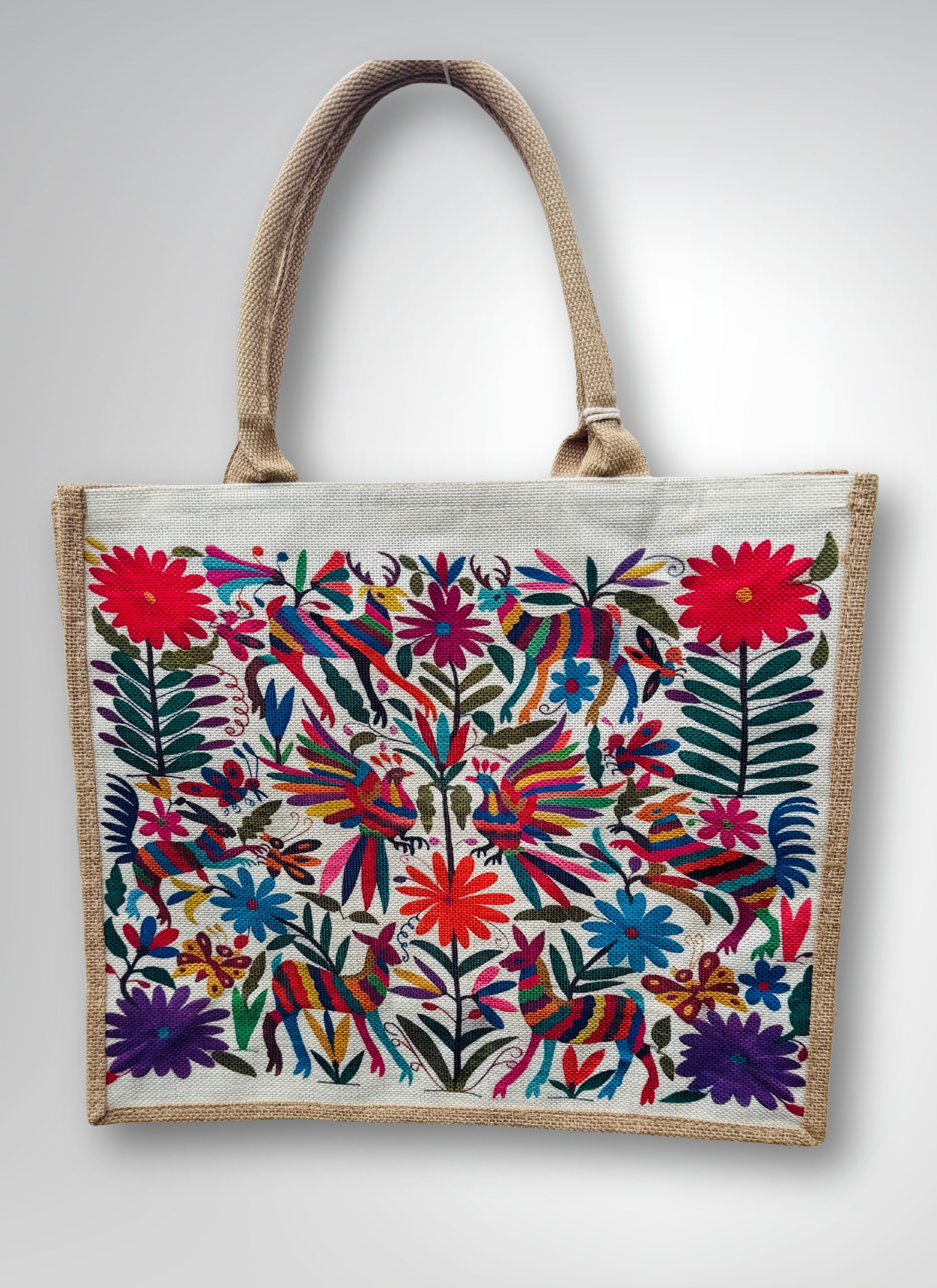 Colorfully handmade tote bag from Tradiciones del Pueblo with vibrant woven design, perfect for el mercado or everyday use.