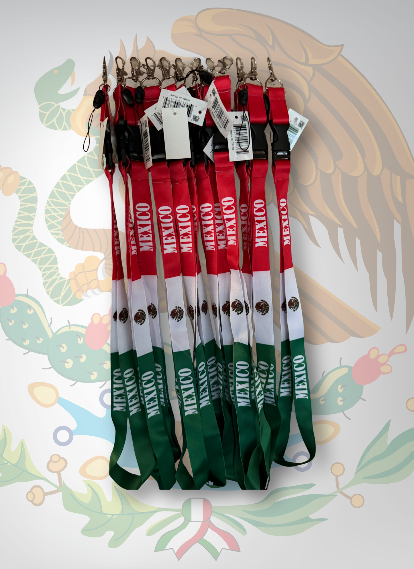 Lanyards with 'Mexico' text displayed against a colorful background