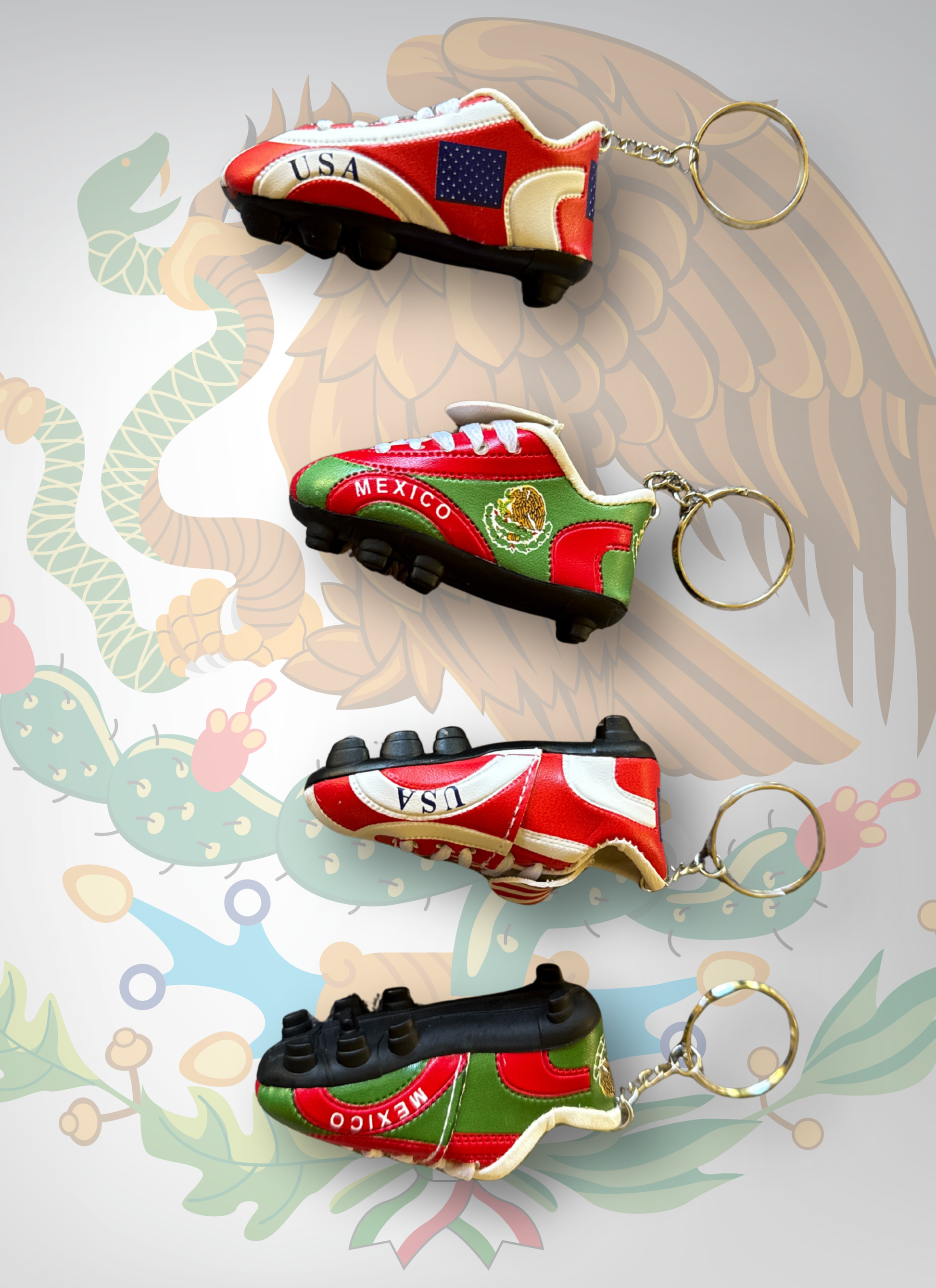 Set of four shoe-shaped keychains with country flags on a decorative background