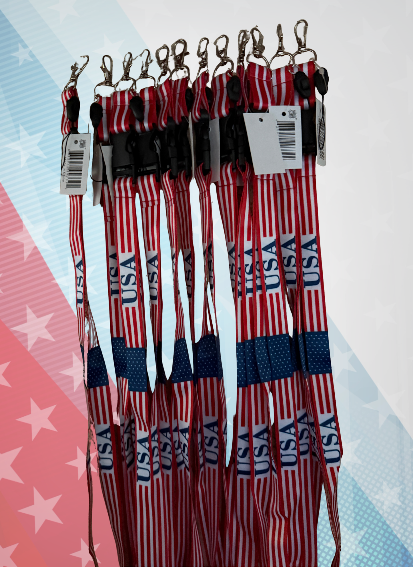 Set of USA-themed lanyards with red, white, and blue design on a colorful background.